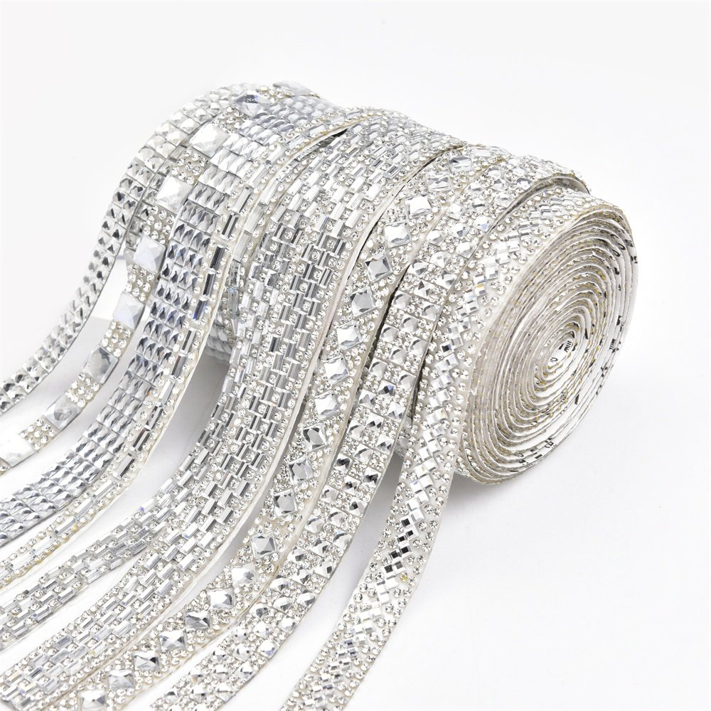 Glitter White Crystal Rhinestone Tape Trim Self-Adhesive Glass Appliques Diamond Sticker For Dress Shoe Adornment Ribbon