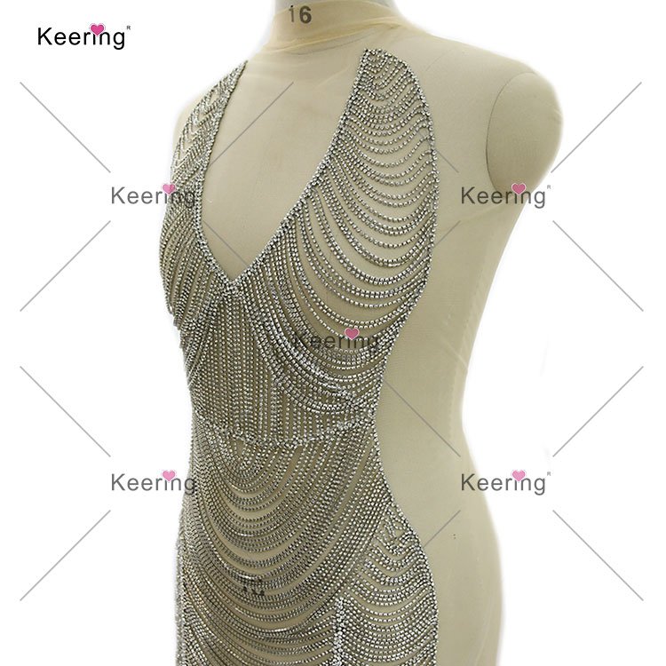 WDP-413 Keering Sexy Women Party Pink Crystal White Rhinestone Chain Full Body Applique For Dress