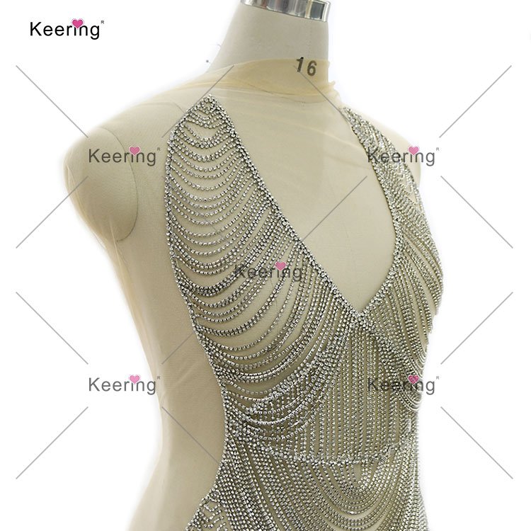 WDP-413 Keering Sexy Women Party Pink Crystal White Rhinestone Chain Full Body Applique For Dress