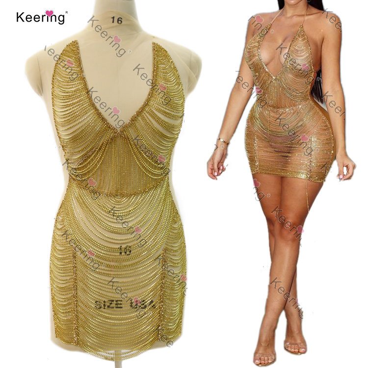 WDP-413 Keering Sexy Women Party Pink Crystal White Rhinestone Chain Full Body Applique For Dress