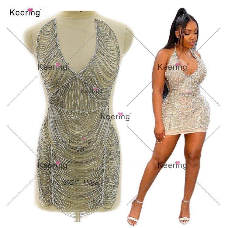WDP-413 Keering Sexy Women Party Pink Crystal White Rhinestone Chain Full Body Applique For Dress