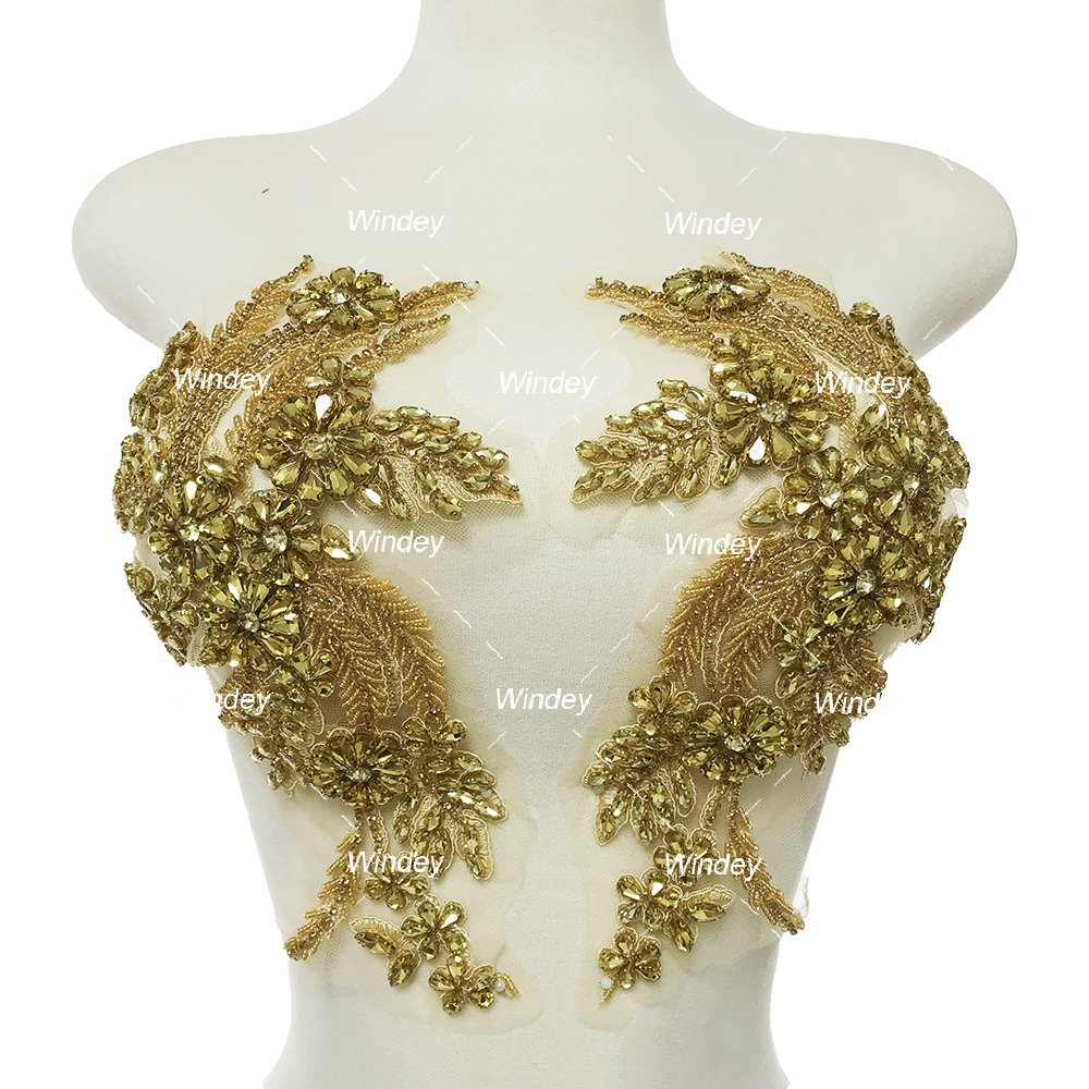 Pair Design Gold Sliver Crystal Beaded Rhinestone Orange Bodice Applique For Bridal Bridesmaid Evening Party Dancing Dress