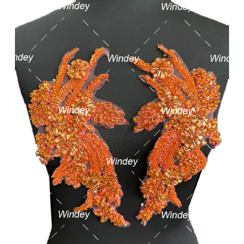 Pair Design Gold Sliver Crystal Beaded Rhinestone Orange Bodice Applique For Bridal Bridesmaid Evening Party Dancing Dress