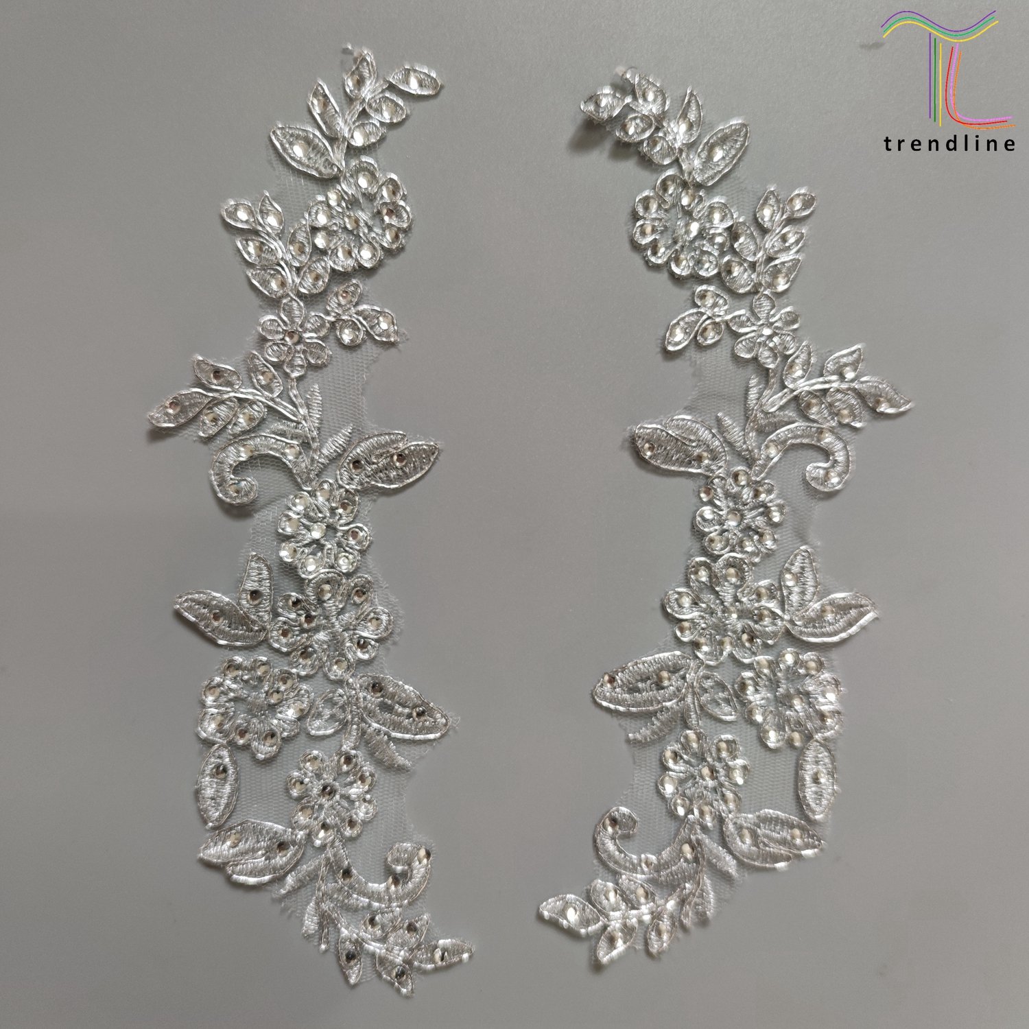 rhinestone corded silver lurex embroidery flora appliques