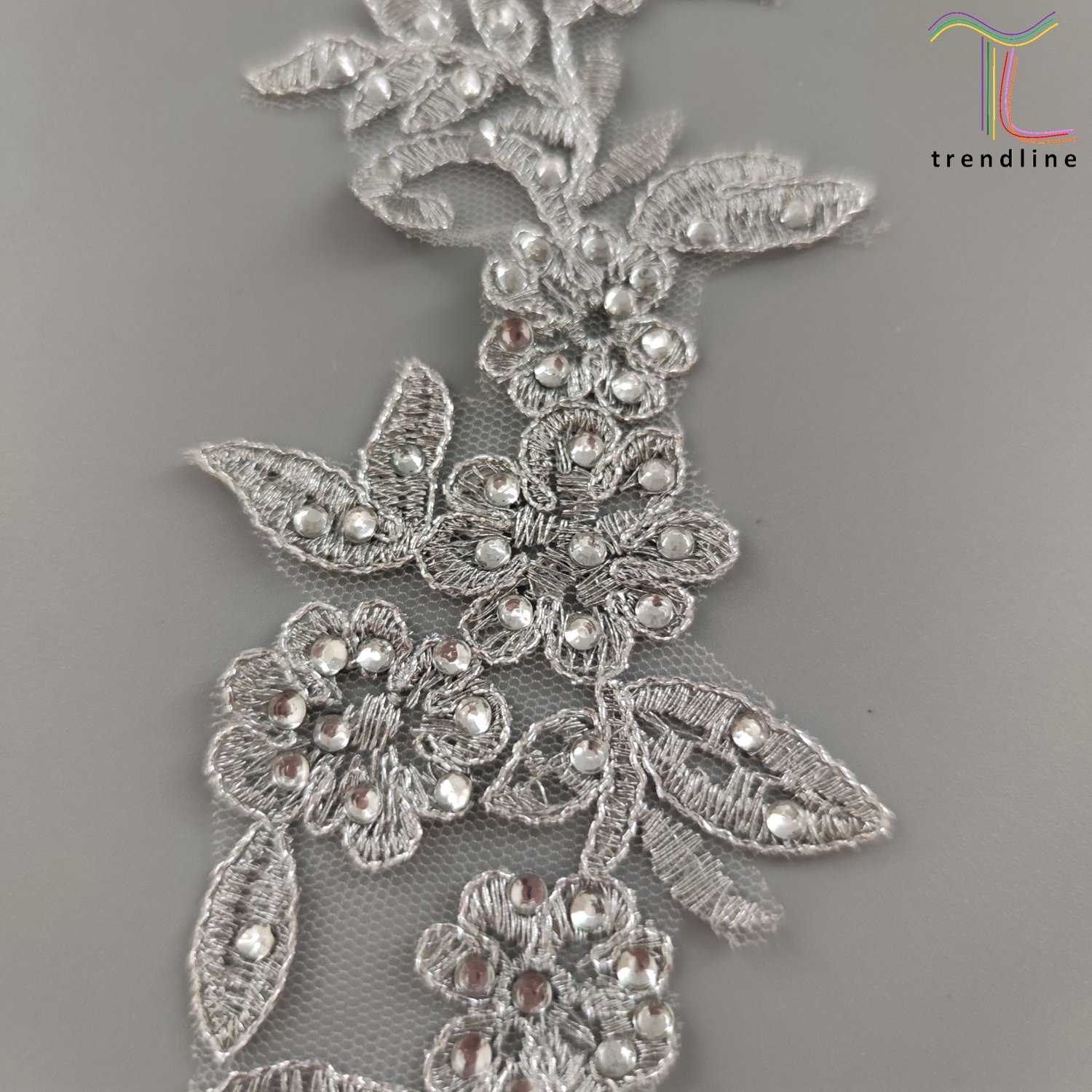 rhinestone corded silver lurex embroidery flora appliques
