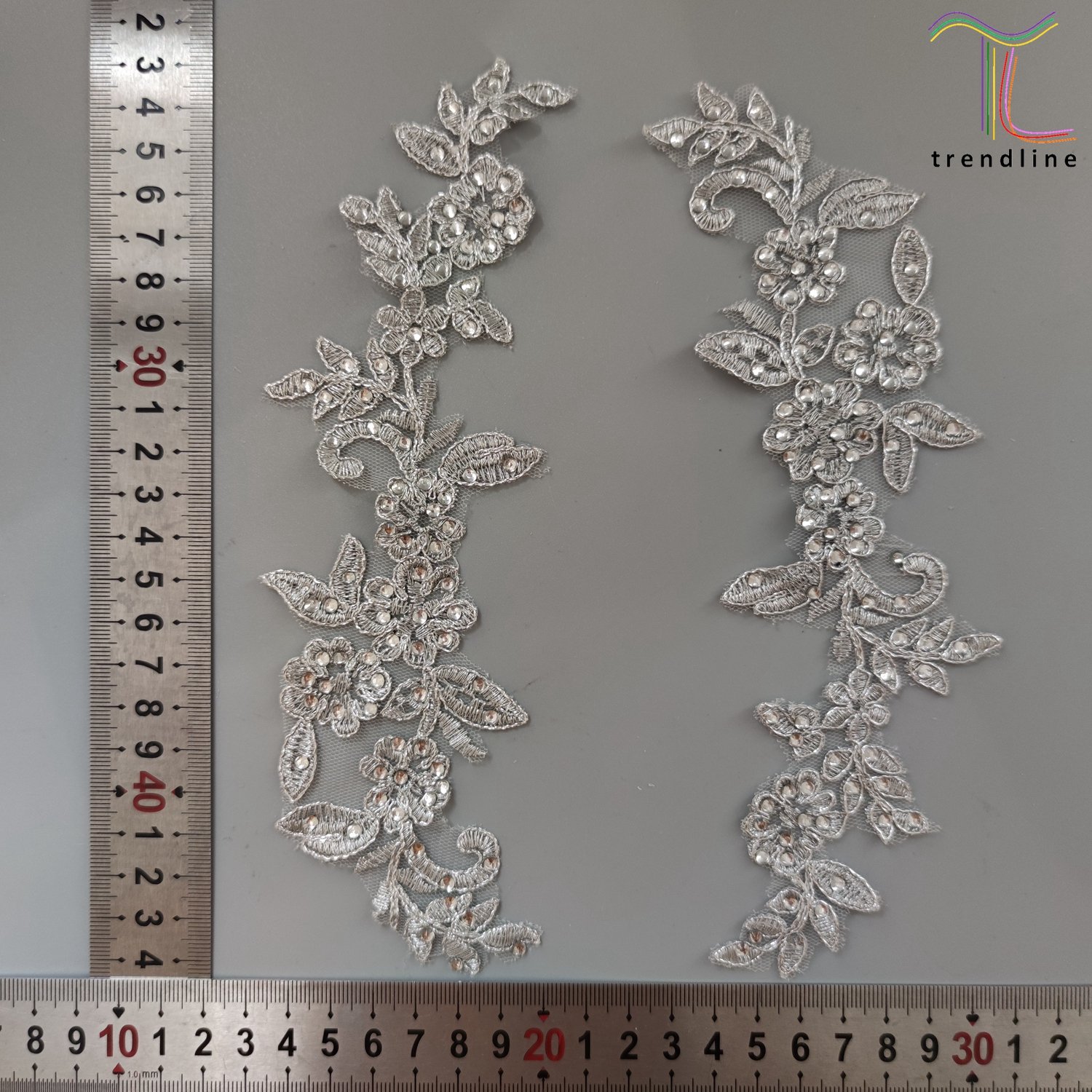 rhinestone corded silver lurex embroidery flora appliques