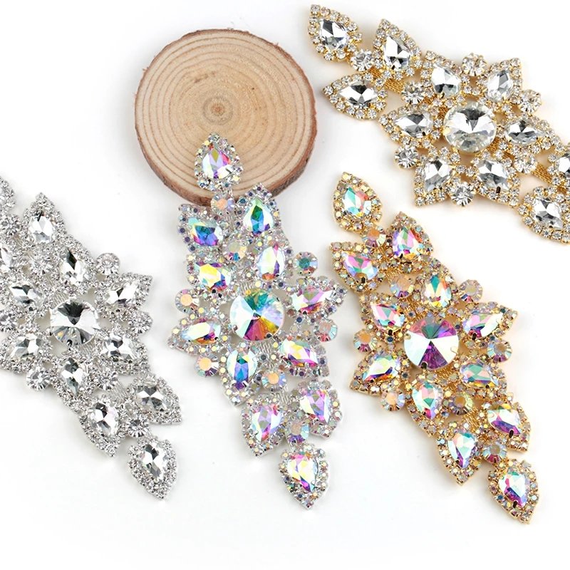 QIAO Sewing On Rhinestone Applique 1 pcs Silver Base Clear Crystal Eco-friendly Rhinestones DIY Wedding Evening Dress