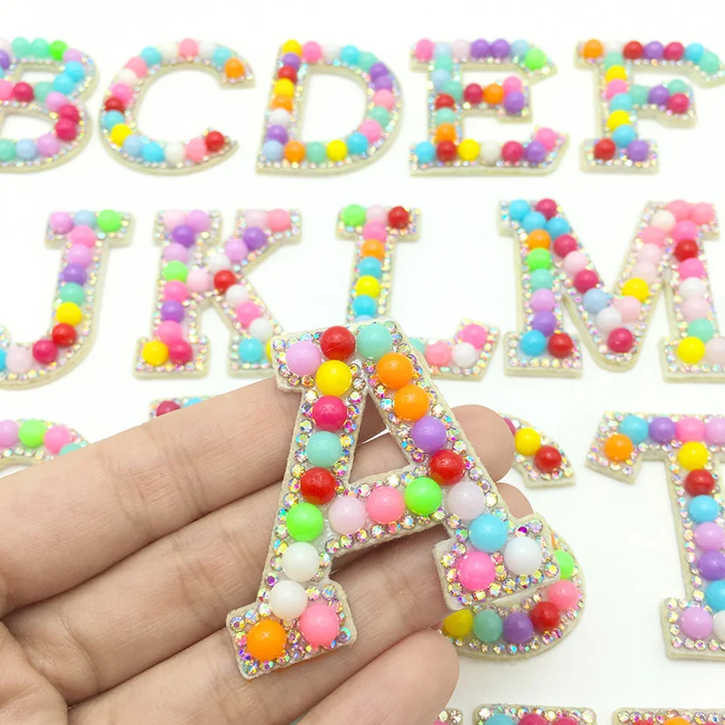 Color Pearl with rhinestone Letters Patch Alphabet Embroidered Applique diamond Rhinestone Colorful Letters iron on Patches