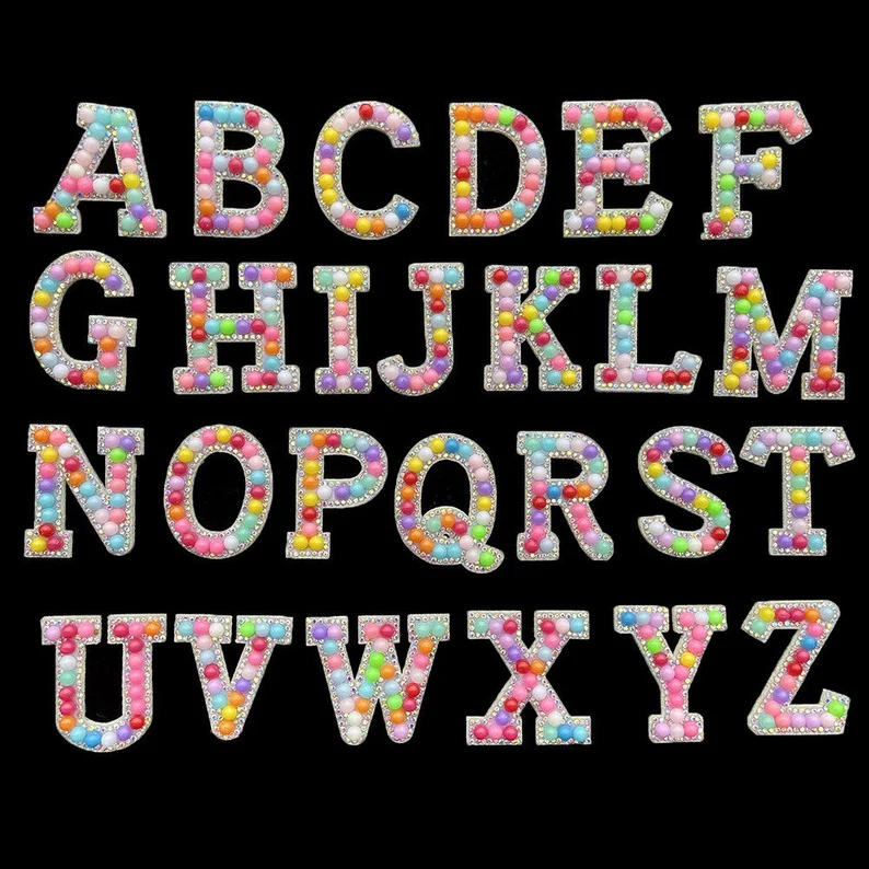 Color Pearl with rhinestone Letters Patch Alphabet Embroidered Applique diamond Rhinestone Colorful Letters iron on Patches