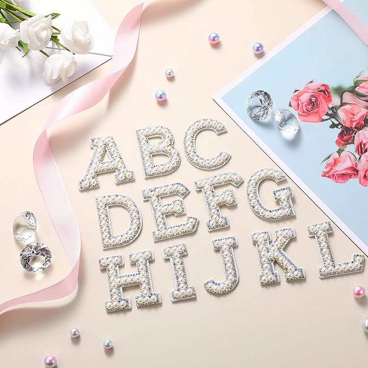 White Alphabet Pearl Rhinestone Words Ironing on Patches Applique Imitation Pearl Rhinestone Letter Patches Applique for Clothes