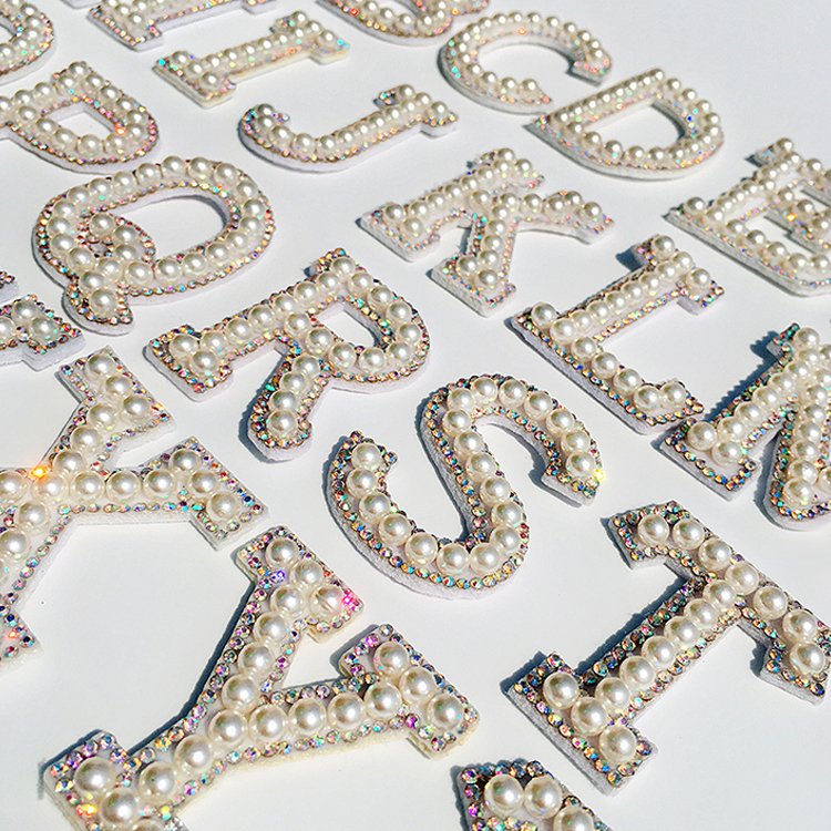 White Alphabet Pearl Rhinestone Words Ironing on Patches Applique Imitation Pearl Rhinestone Letter Patches Applique for Clothes