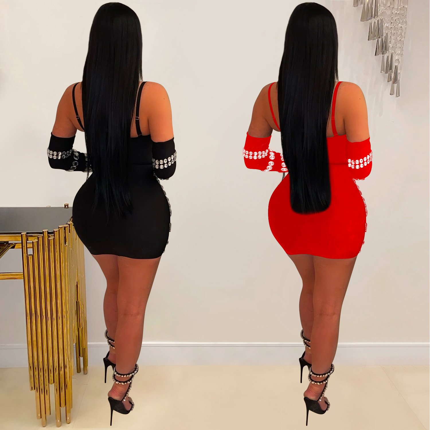 X54053 - modern sleeveless rhinestone bling halter sexy bodycon oversleeve party wear dresses for women