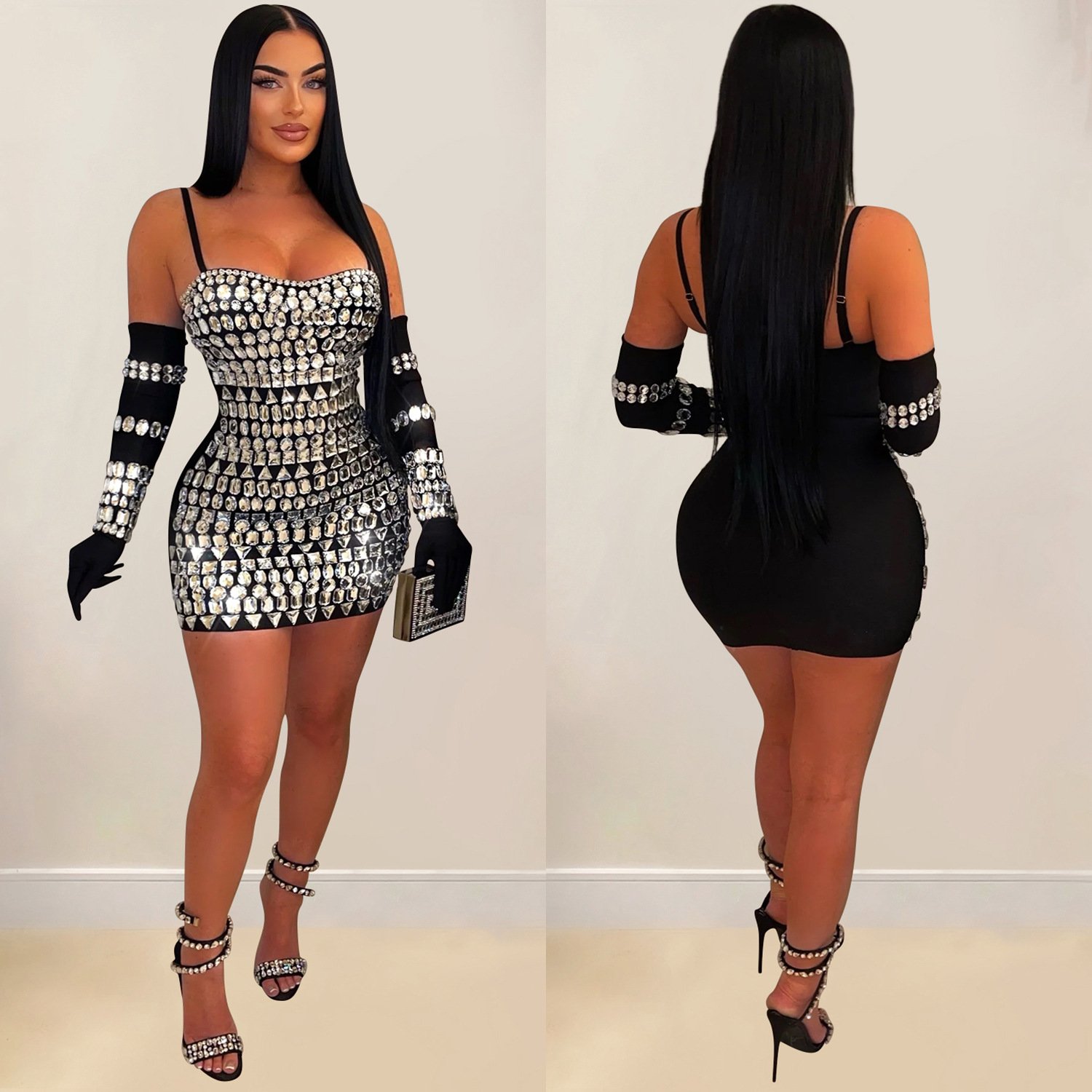 X54053 - modern sleeveless rhinestone bling halter sexy bodycon oversleeve party wear dresses for women