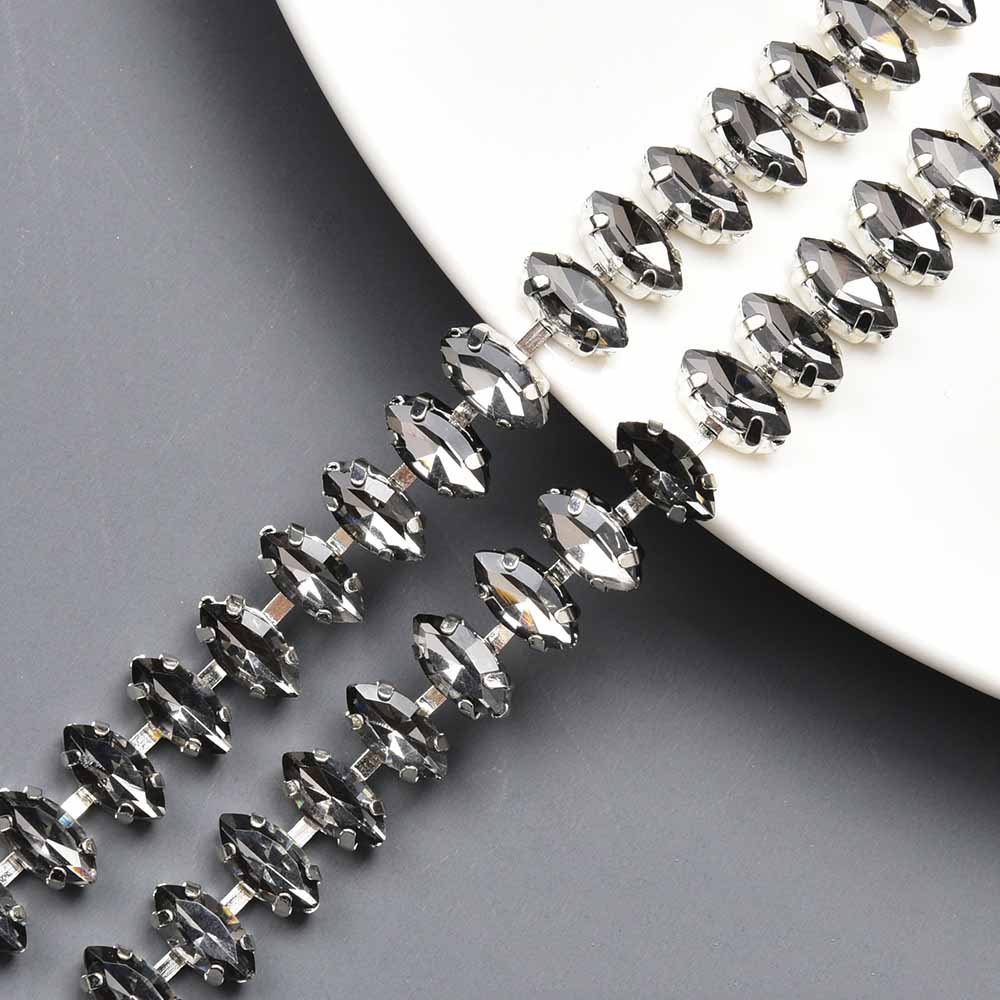 JFRC050 Marquise Handmade Rhinestone Trim Chain Beautiful Crystal Diamond Flower Trims Silver Base Diy Costume Applique Dress
