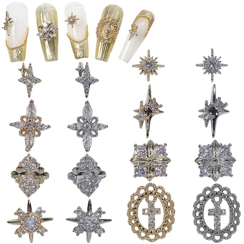 3D Luxury Nail Art Zircon Crystals Cross Star Gold Silver Rhinestone Metal Alloy charms for nails