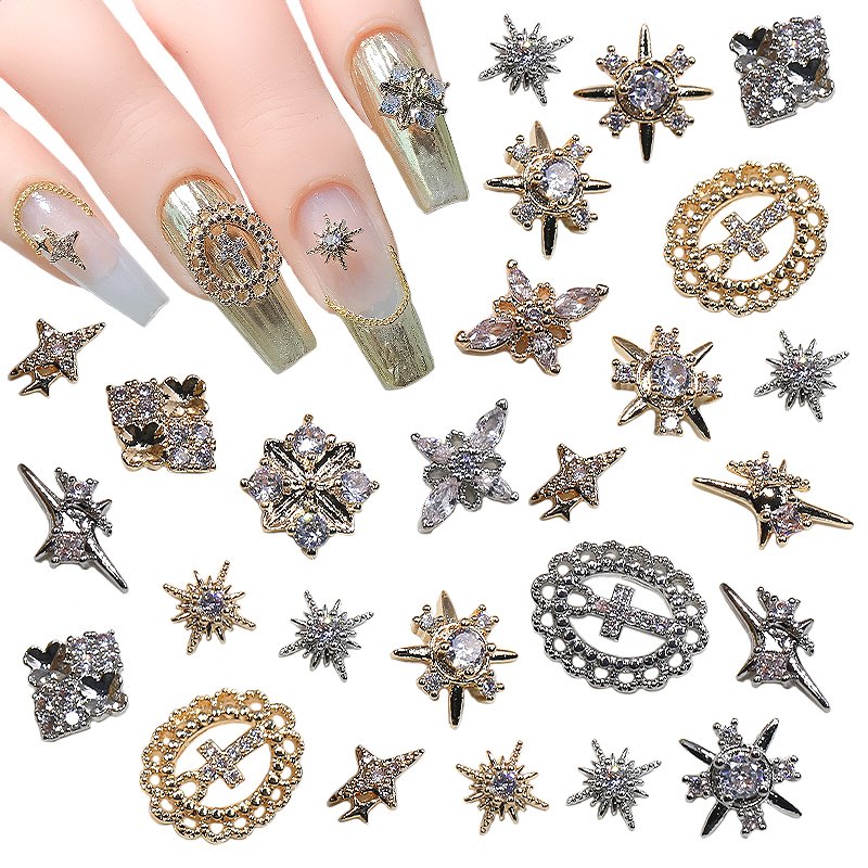 3D Luxury Nail Art Zircon Crystals Cross Star Gold Silver Rhinestone Metal Alloy charms for nails