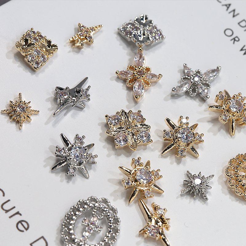 3D Luxury Nail Art Zircon Crystals Cross Star Gold Silver Rhinestone Metal Alloy charms for nails