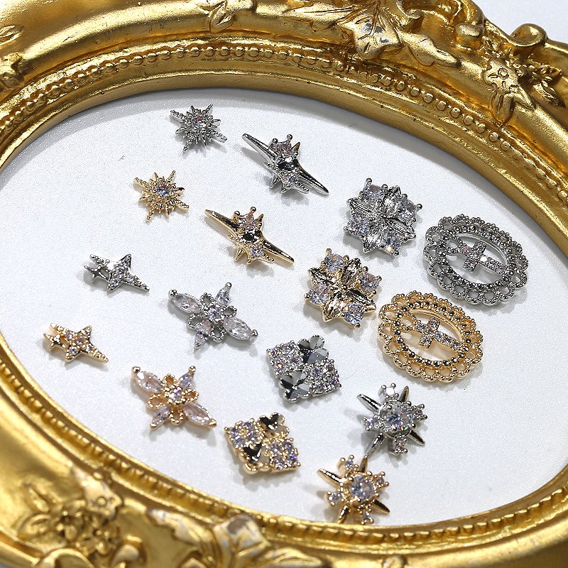 3D Luxury Nail Art Zircon Crystals Cross Star Gold Silver Rhinestone Metal Alloy charms for nails