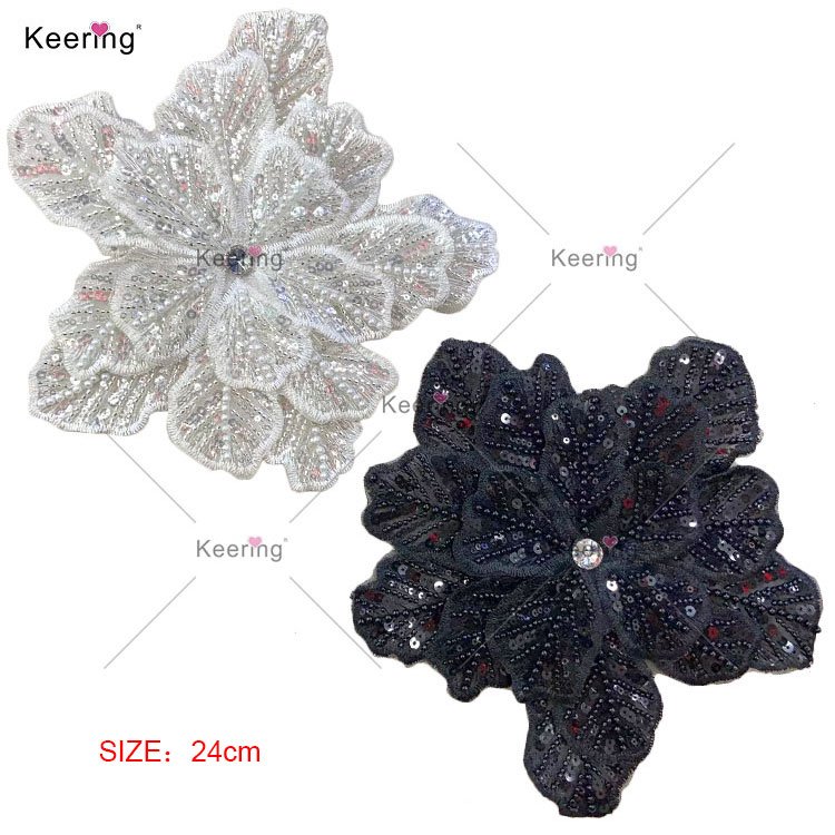 Handmade Sew On Crystal Rhinestones Pearl Beaded Sequin 3D Flower Patches For Garment Wedding Dress WPH-1900