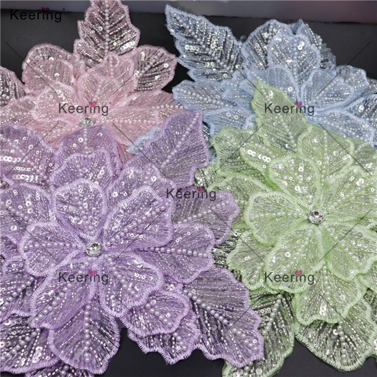 Handmade Sew On Crystal Rhinestones Pearl Beaded Sequin 3D Flower Patches For Garment Wedding Dress WPH-1900