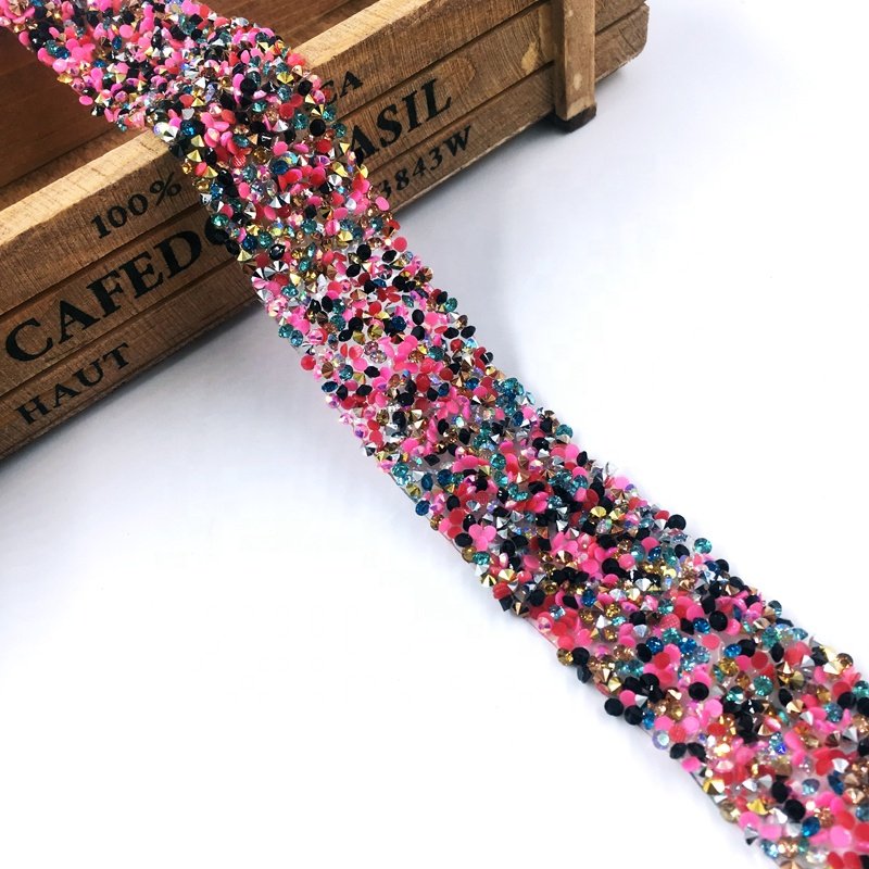 Amazon Hot Sale 3cm Width Multi Color Iron Rhinestone Trim For Dress Clothing Decoration