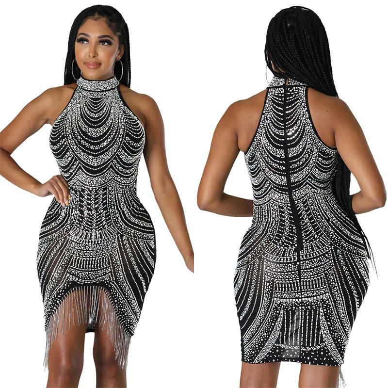 luxury women sexy red crystal diamond rhinestone women sleeveless elegant party fringe tassel mini evening dress women club wear