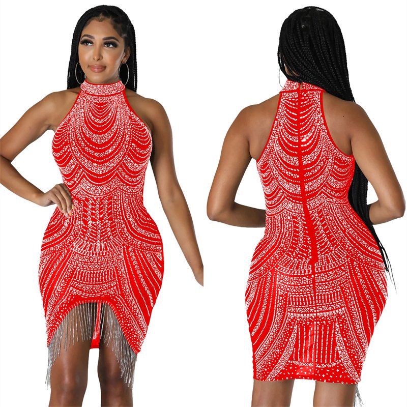 luxury women sexy red crystal diamond rhinestone women sleeveless elegant party fringe tassel mini evening dress women club wear