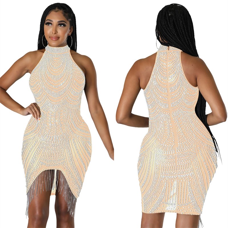 luxury women sexy red crystal diamond rhinestone women sleeveless elegant party fringe tassel mini evening dress women club wear