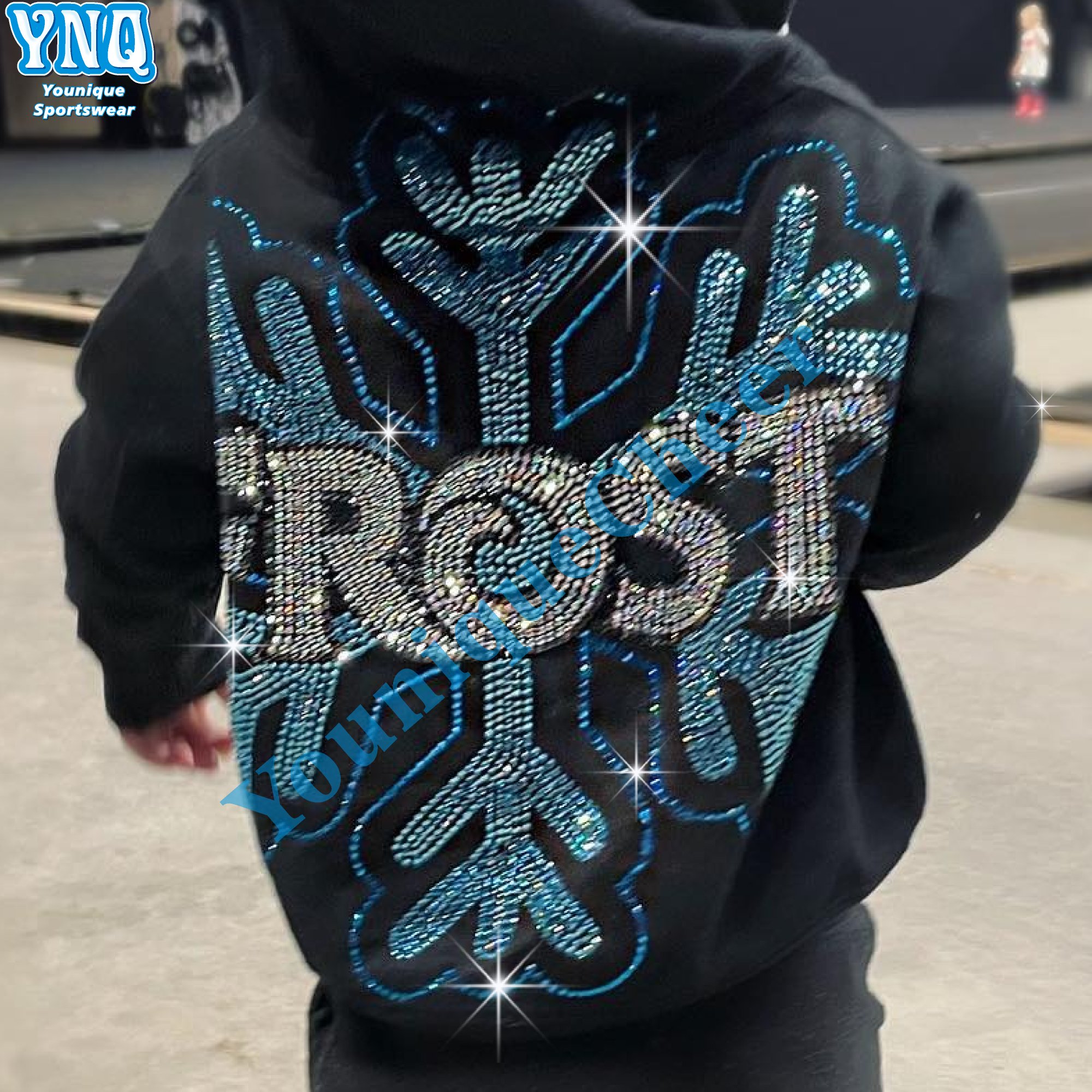 Great Quality Cheer Bling Hotfix Custom Rhinestone Heat Transfer Design Iron On T-shirt