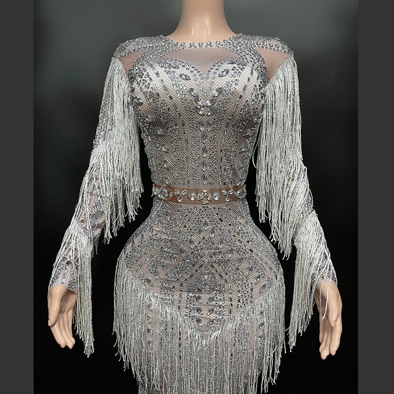 New Fashion Prom Yearly Meeting Senior Gowns Elegant Handmade Long Sleeve Evening Gown Rhinestone Tassel Dresses for Women