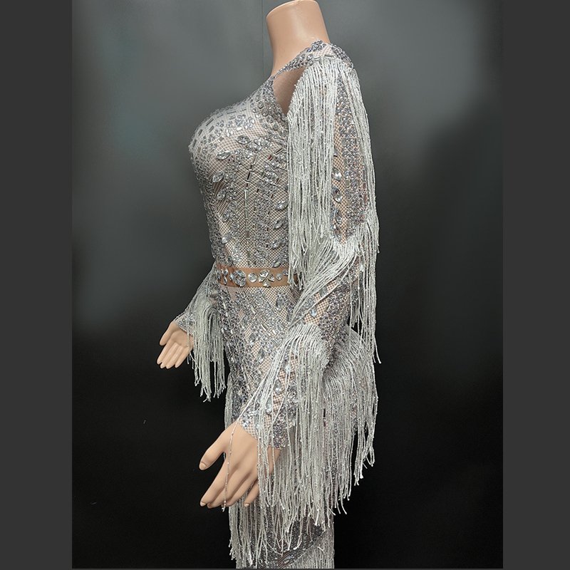 New Fashion Prom Yearly Meeting Senior Gowns Elegant Handmade Long Sleeve Evening Gown Rhinestone Tassel Dresses for Women