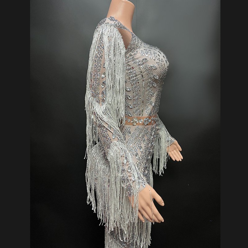 New Fashion Prom Yearly Meeting Senior Gowns Elegant Handmade Long Sleeve Evening Gown Rhinestone Tassel Dresses for Women