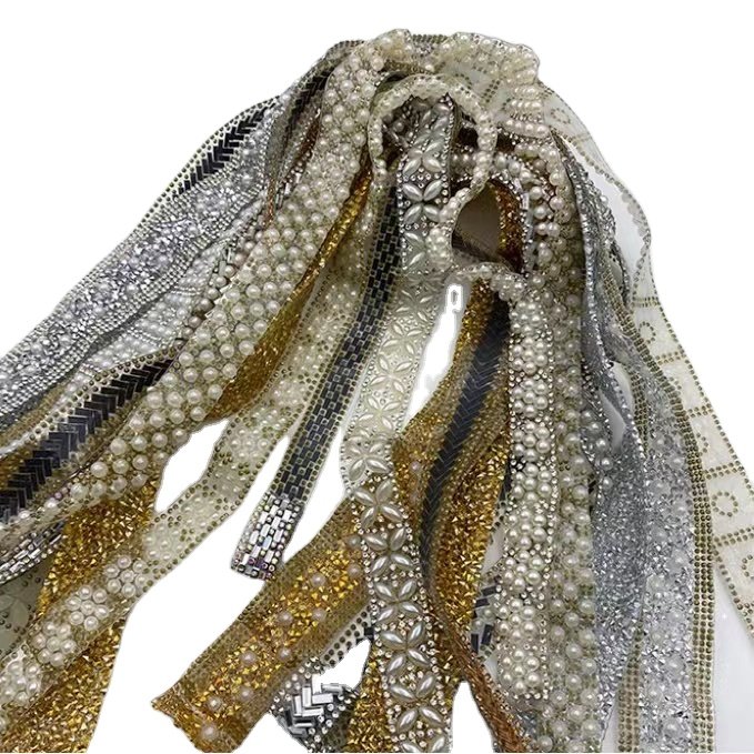 Wholesale hot fix crystal rhinestone ribbon fringe trimming hotfix iron on strass diamond stone banding trim strip by the yard