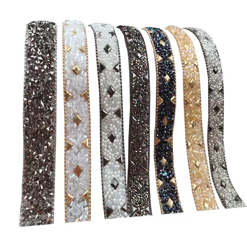 Wholesale hot fix crystal rhinestone ribbon fringe trimming hotfix iron on strass diamond stone banding trim strip by the yard