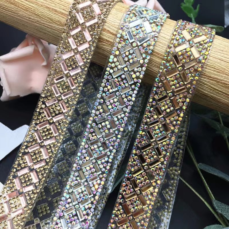 Wholesale hot fix crystal rhinestone ribbon fringe trimming hotfix iron on strass diamond stone banding trim strip by the yard