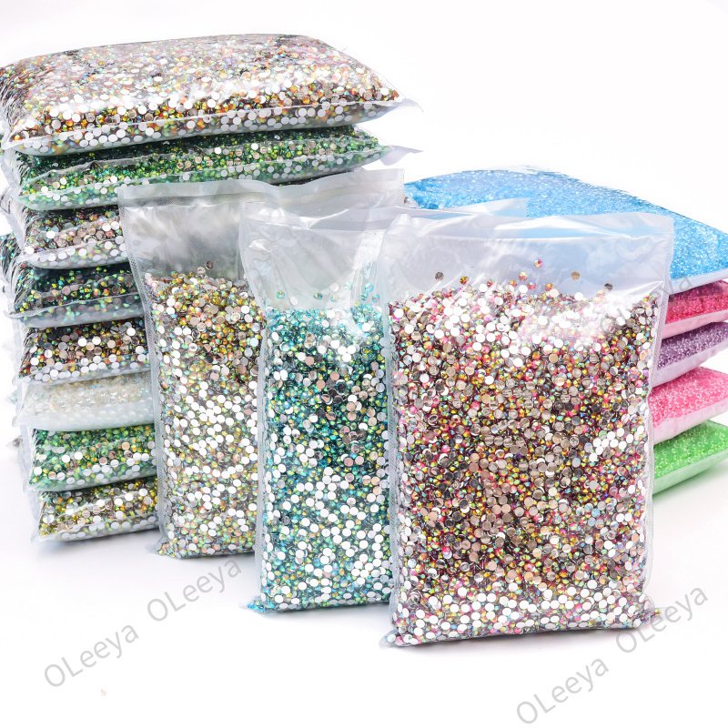 Oleeya Factory Wholesale 2mm,3mm,4mm,5mm,6mm All Size and Colors Crystal AB Resin Flatback Non Hot Fix Rhinestones for Clothing