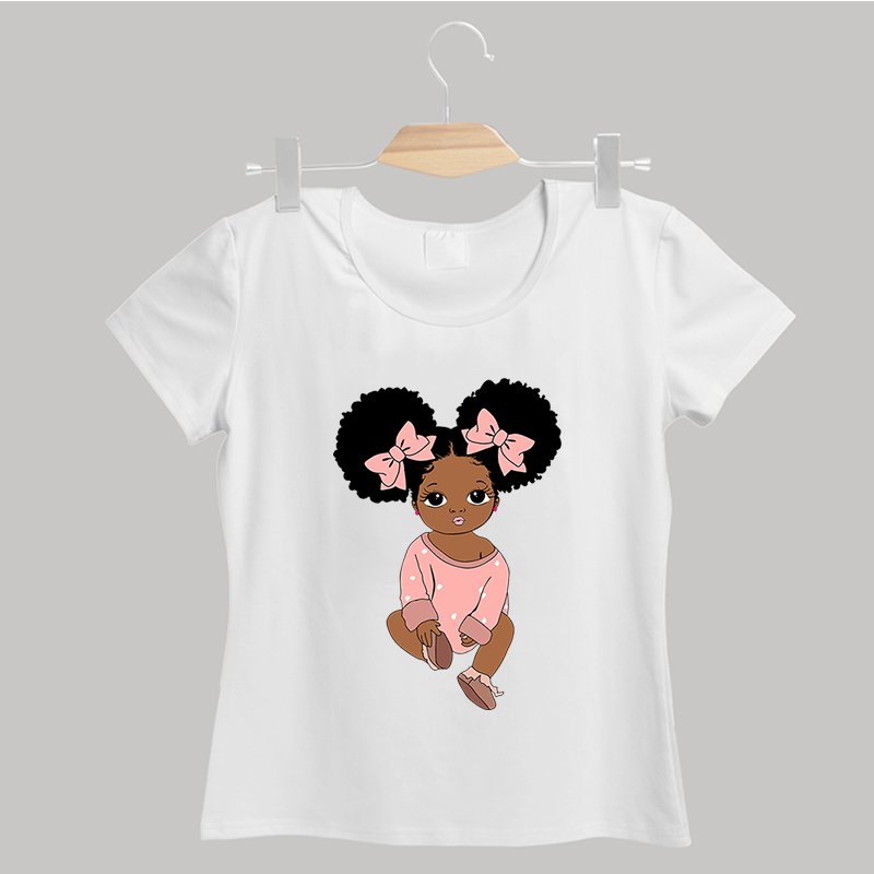 Cute Girl Wearing Pink Bow Custom t shirt Printing African American Girl Heat Transfer