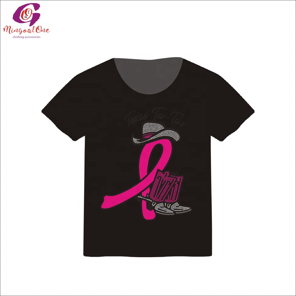Hot Sale Pink Ribbon Heels Hot Fix Rhinestone Heat Transfer Custom Fight Like A Woman Cancer Ribbon Iron On Rhinestone Motif