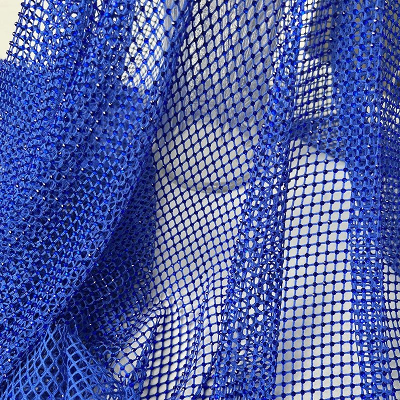 Factory supplier royal blue rectangle mesh rhinestones panel fabric hot fix rhinestone mesh fabric elastic net mesh for cloth