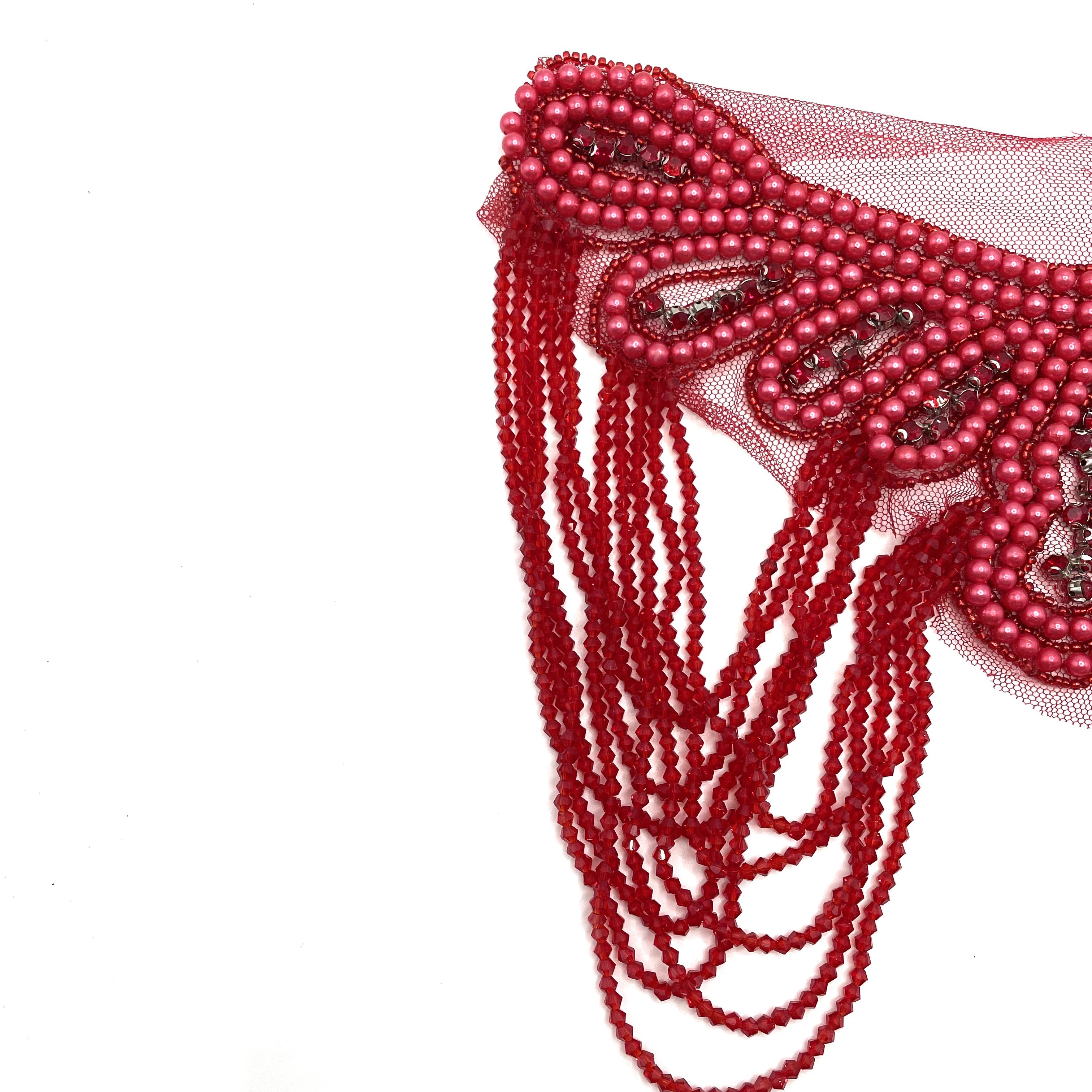 Handmade beaded red crystal rhinestone fringe applique bodice bridesmaid mermaid wedding evening bridal dress