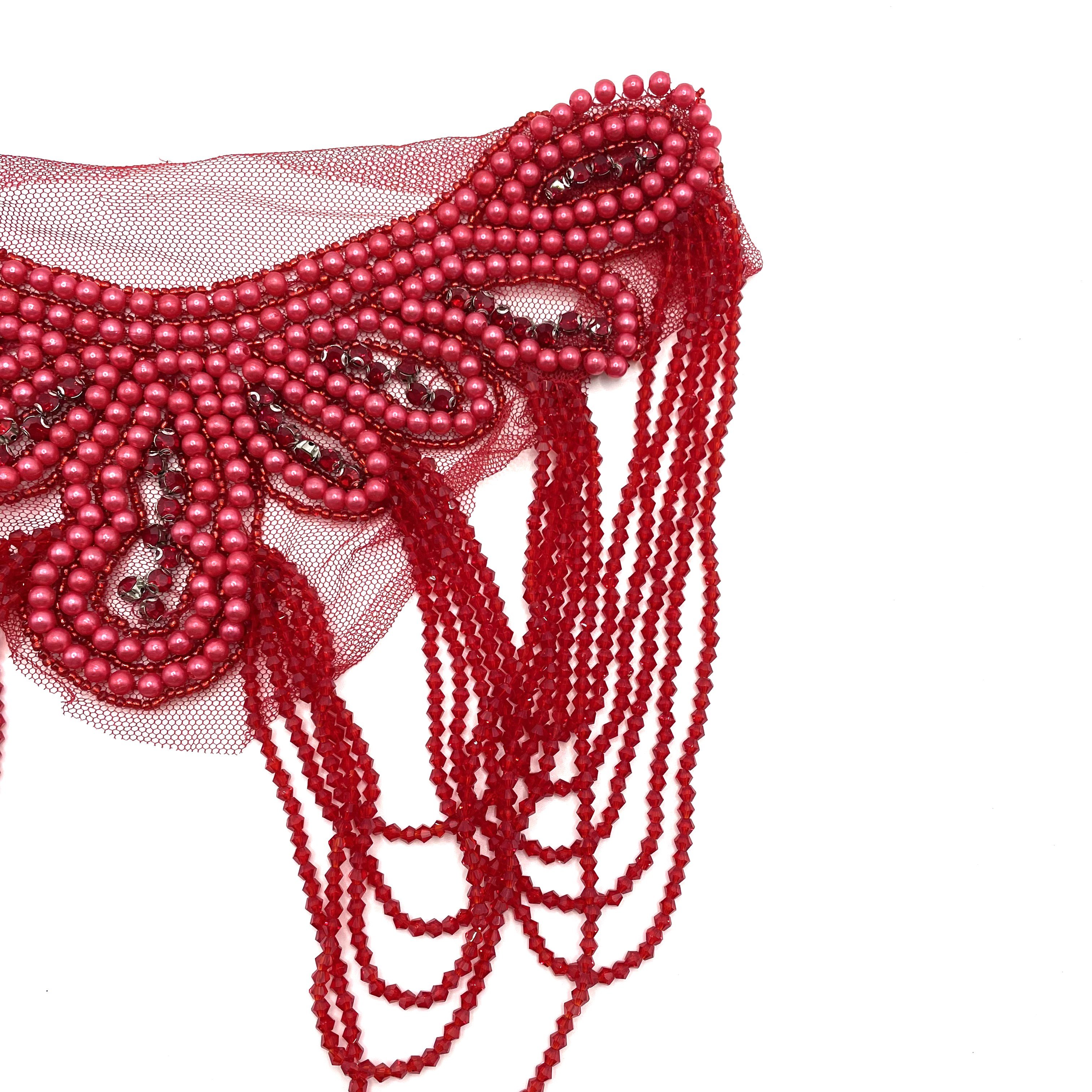 Handmade beaded red crystal rhinestone fringe applique bodice bridesmaid mermaid wedding evening bridal dress