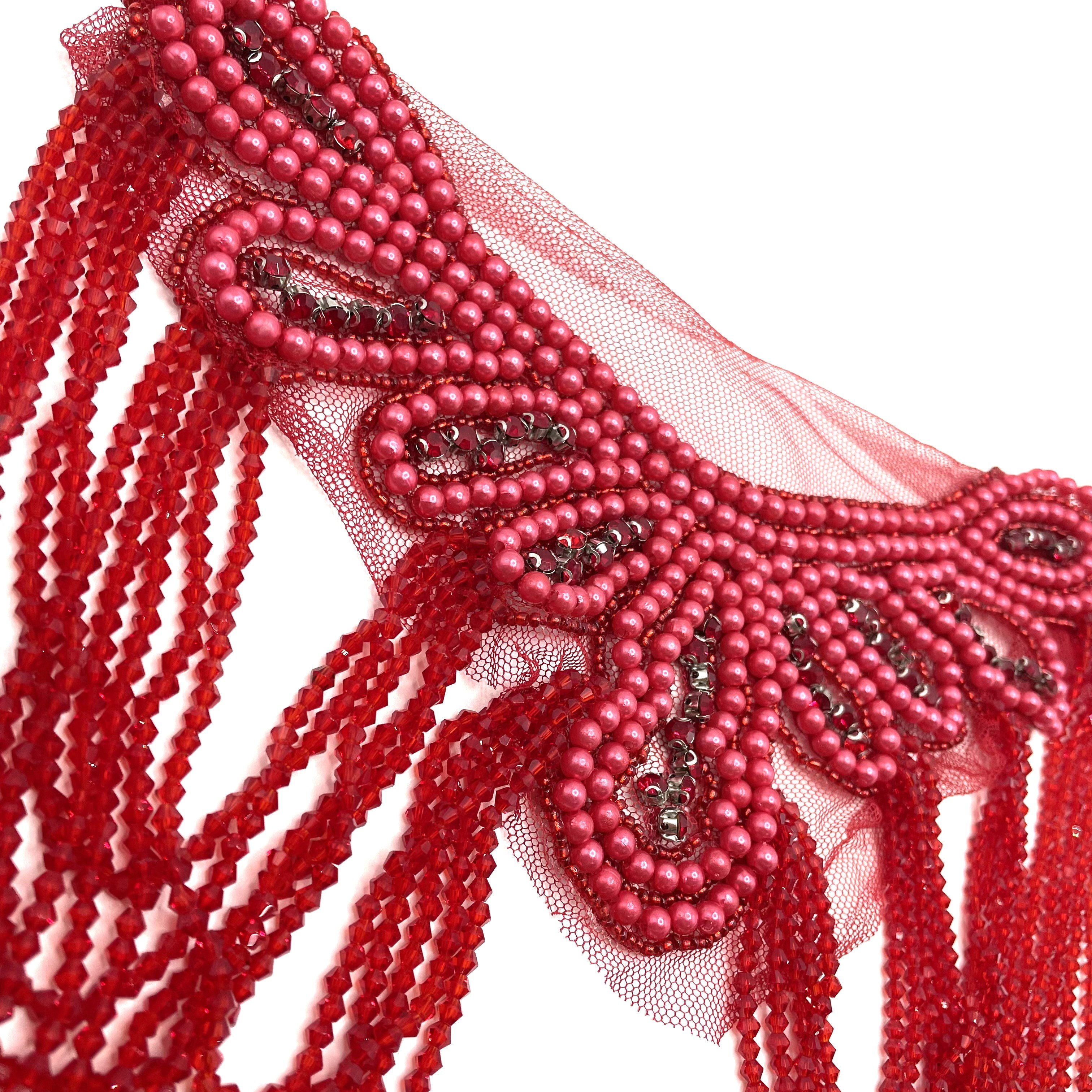 Handmade beaded red crystal rhinestone fringe applique bodice bridesmaid mermaid wedding evening bridal dress