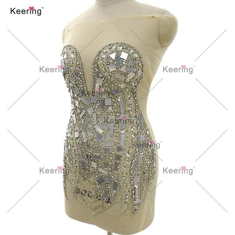 WDP-445 Keering Great Quality Crystal Silver Ladies Dress Appliques Gorgeous Mirrored Bead Rhinestone Bodice For Mini Club Dress