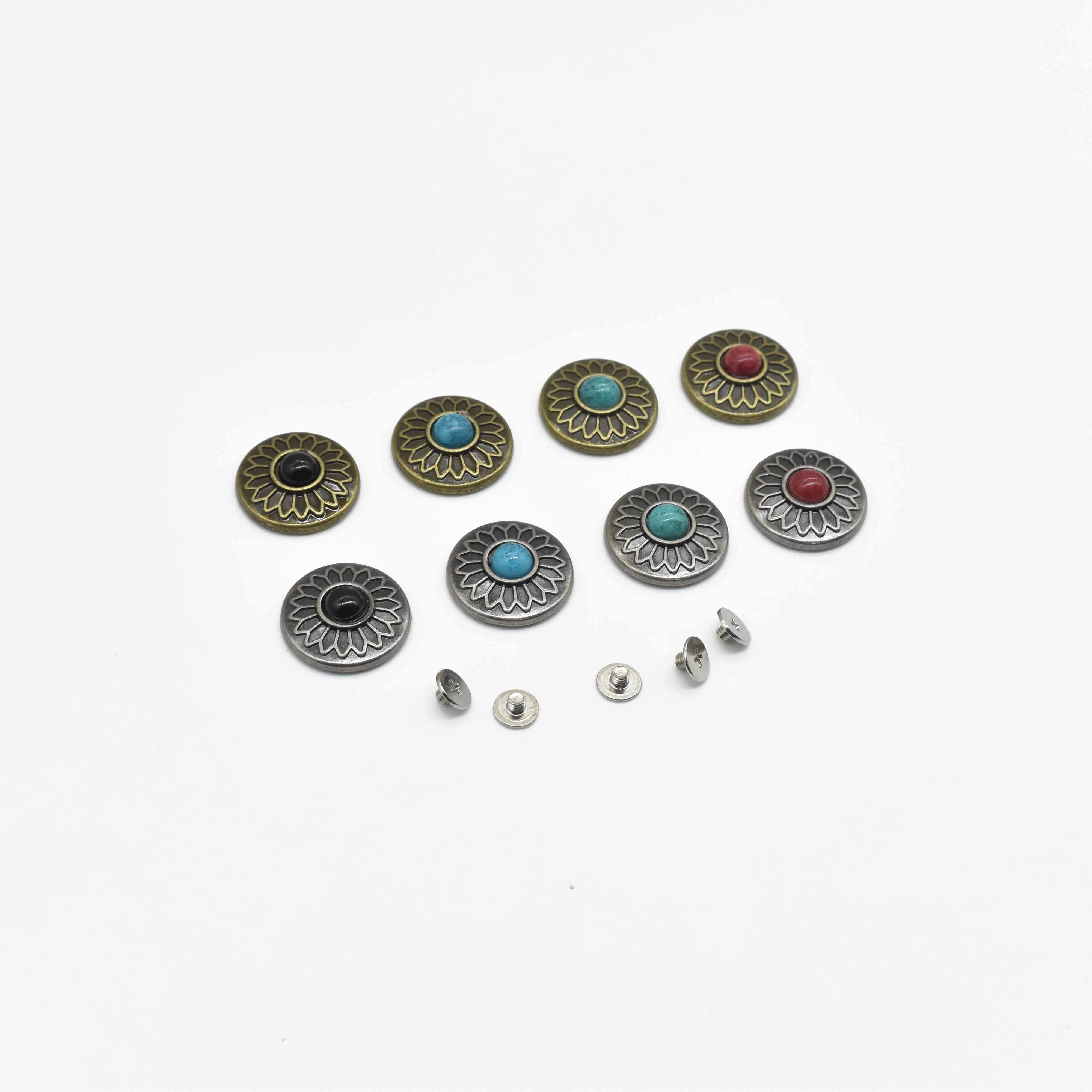 Latest Attractive Design Flower Pattern Rhinestone Turquoise Conchos Metal Coin Button For Leather