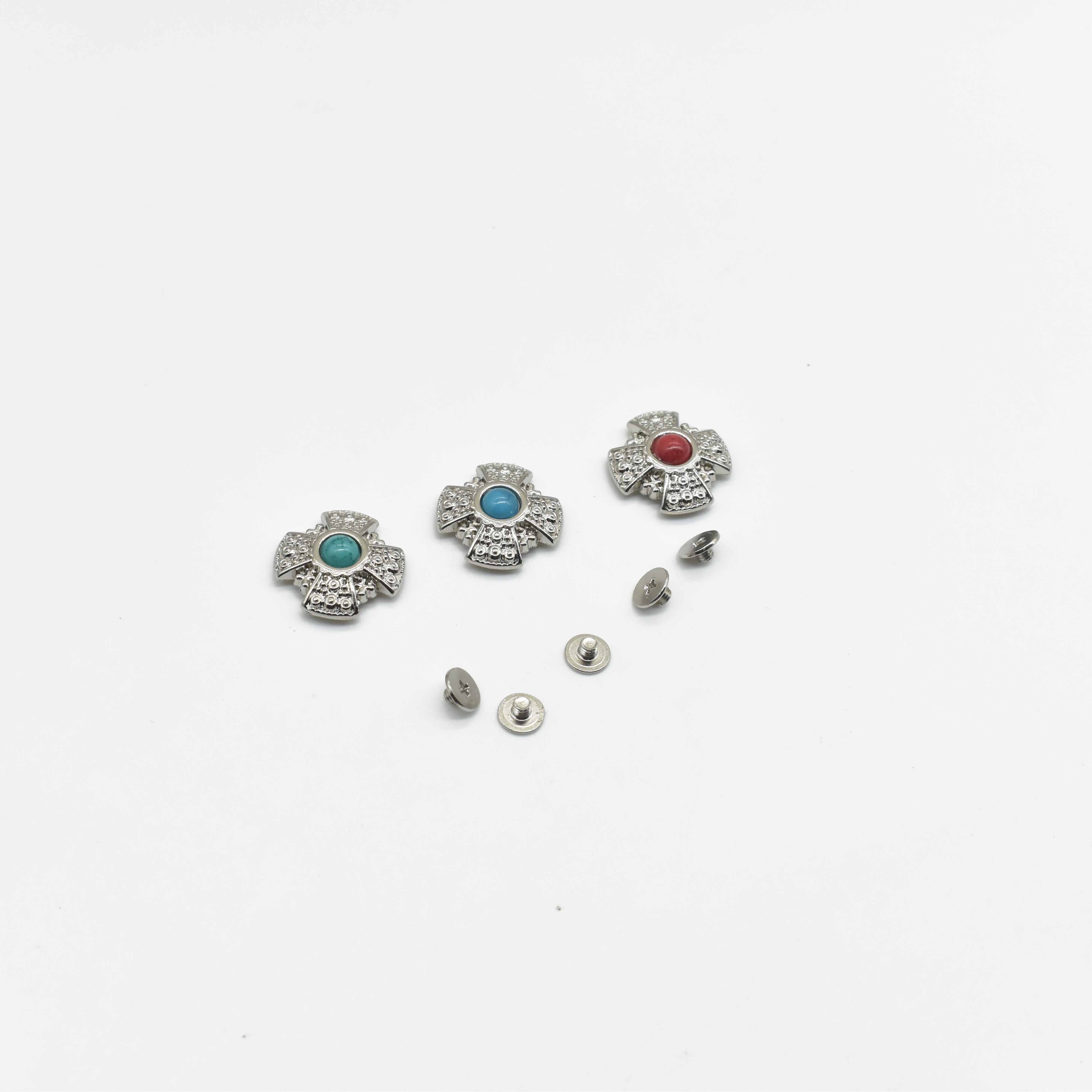 Latest Attractive Design Flower Pattern Rhinestone Turquoise Conchos Metal Coin Button For Leather