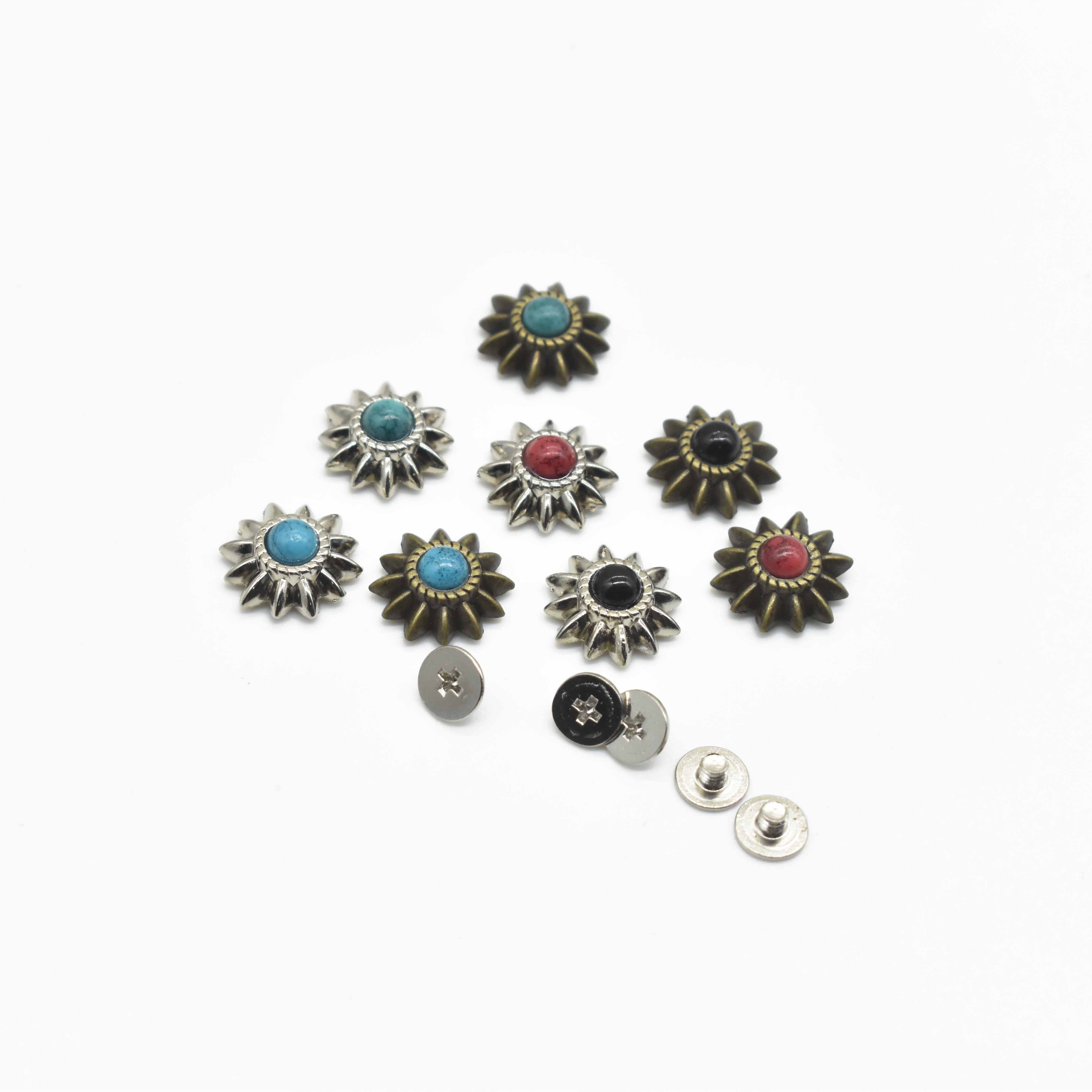 Latest Attractive Design Flower Pattern Rhinestone Turquoise Conchos Metal Coin Button For Leather