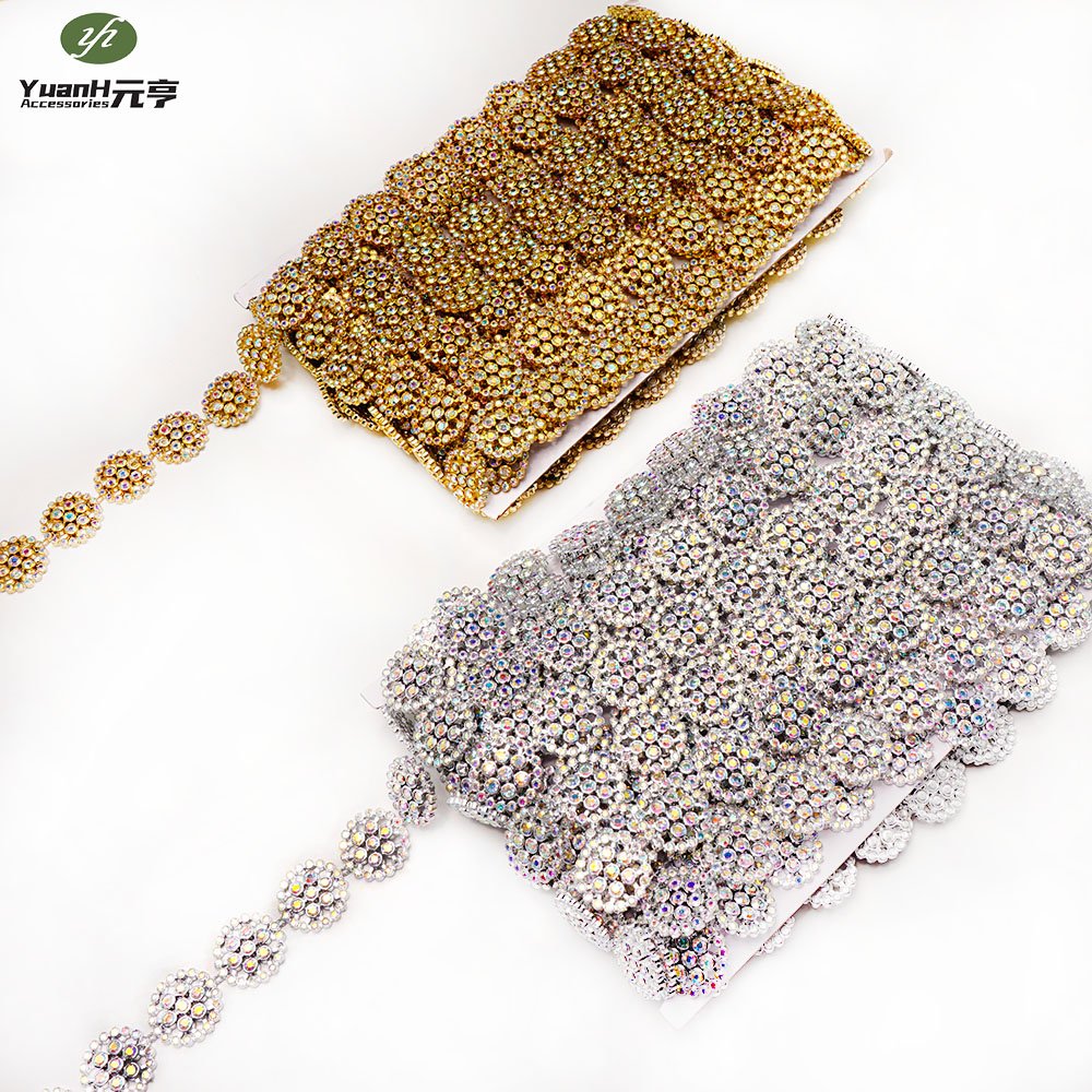 High quality gold 2cm width round flatback rhinestone chain acrylic trim for African DIY garment accessory