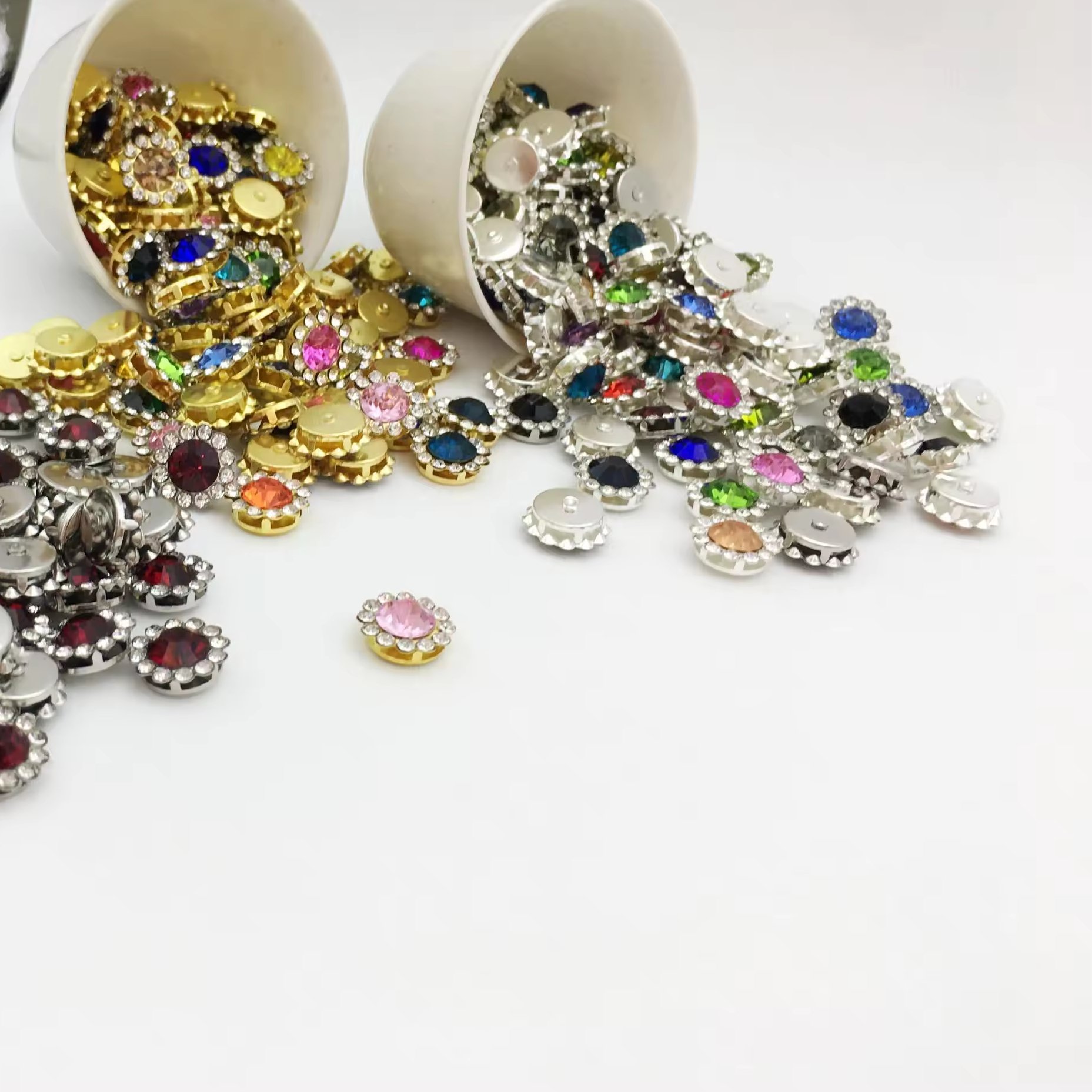 Factory direct double floral crystal rhinestone 12mm gold and silver backing for sewing garments and wedding dresses