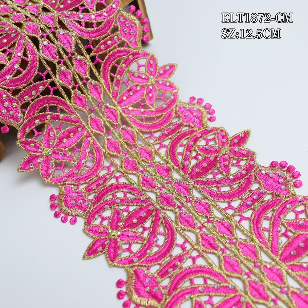 OEM Embroidered lace trim hollow gold thread Lace embroidery polyester rhinestone lace trim for DIY decoration