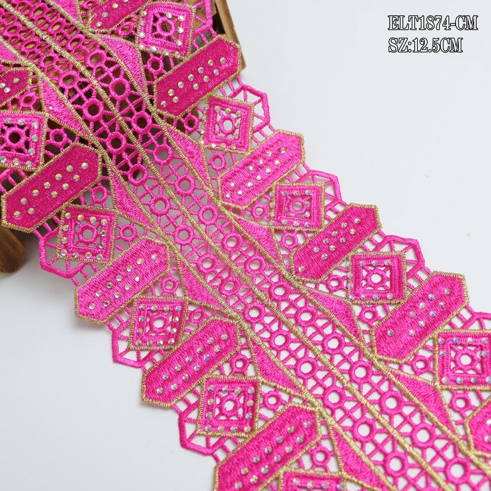 OEM Embroidered lace trim hollow gold thread Lace embroidery polyester rhinestone lace trim for DIY decoration